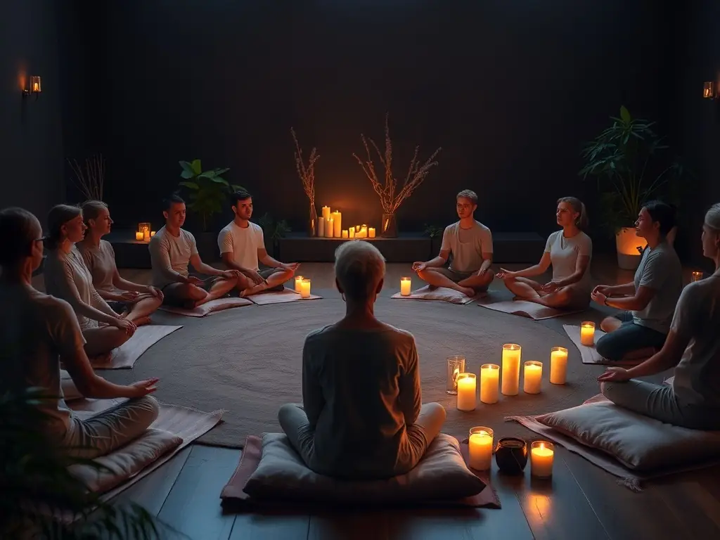 A peaceful image of a sound healing session, featuring crystal bowls, soft lighting, and participants in a meditative state, conveying relaxation and inner peace.