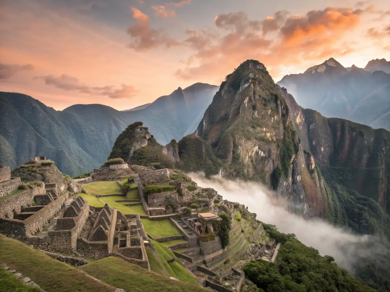 A serene image of Machu Picchu at sunrise, mist gently rising from the ancient stones, symbolizing spiritual awakening and connection to ancient wisdom.